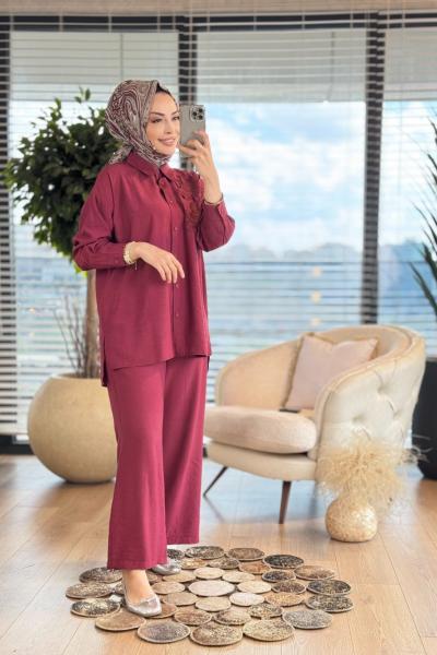 4389 Sağ Göğüs İki Çiçek Nakışlı Takım Bordo