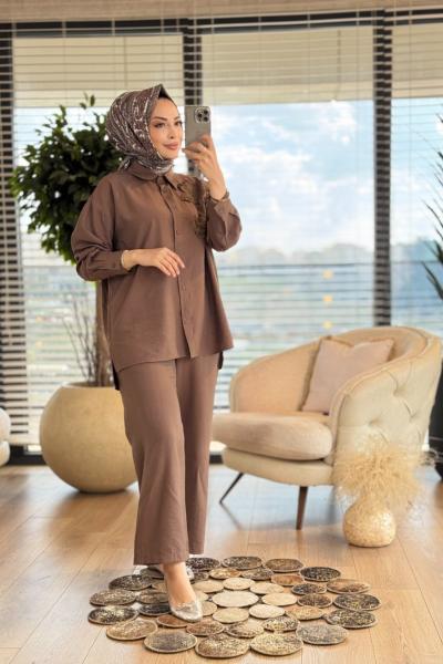 4389 Sağ Göğüs İki Çiçek Nakışlı Takım Kahve