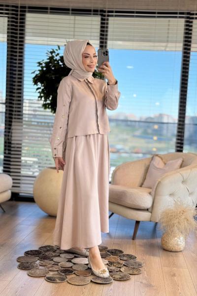 4395 Kol Ve Arka Çıtçıtlı Takım Bej