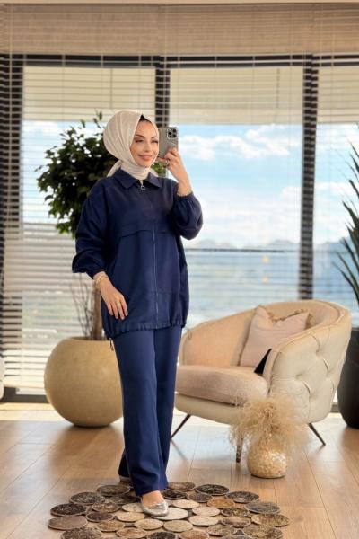 4399 Ön Parça Detaylı Fermuarlı Takım Lacivert