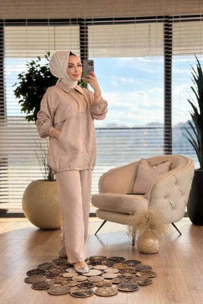 4399 Ön Parça Detaylı Fermuarlı Takım Bej