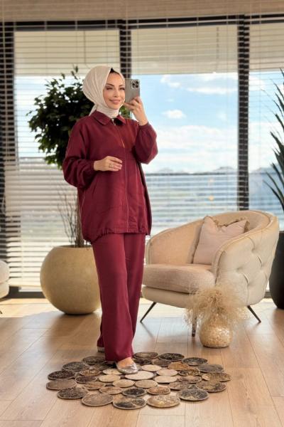 4399 Ön Parça Detaylı Fermuarlı Takım Bordo