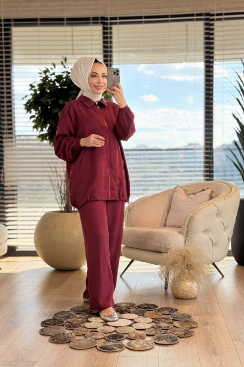 4399 Ön Parça Detaylı Fermuarlı Takım Bordo