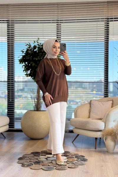 44016 Manşeti Çıtçıtlı Triko Tunik Kahve