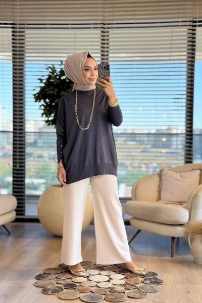 44016 Manşeti Çıtçıtlı Triko Tunik Füme