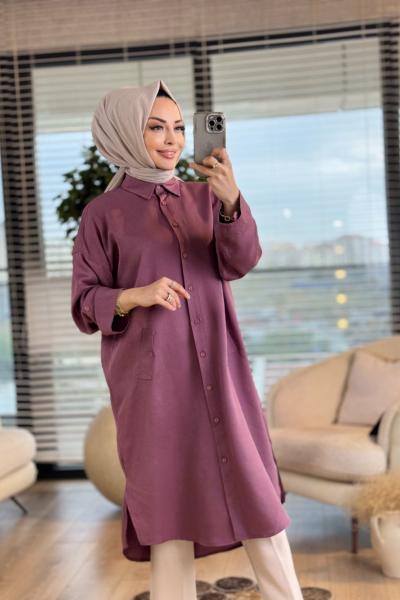 4402 Tencel Önden Düğmeli Cep Kapaklı Uzun Tunik Mürdüm