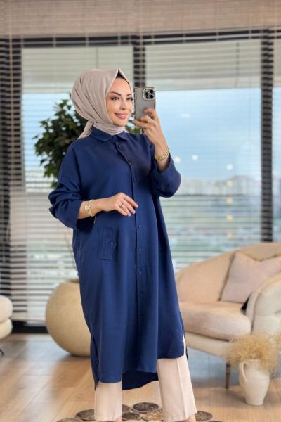 4402 Tencel Önden Düğmeli Cep Kapaklı Uzun Tunik Lacivert