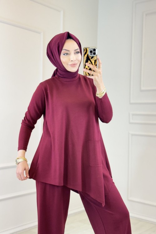 4407 Asimetrik Tek Cepli Osyho Takım Bordo
