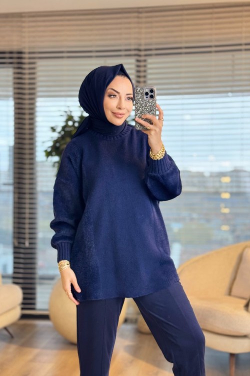 44101 Yanları Ve Kolu Saçak Triko Tunik Lacivert