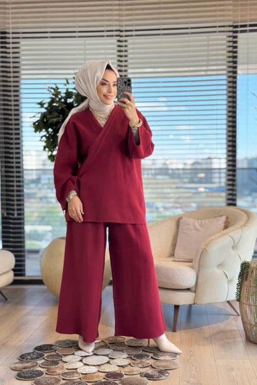 44115 Triko Yandan Bağlamalı Bol Paçalı Pantolon Takım Bordo