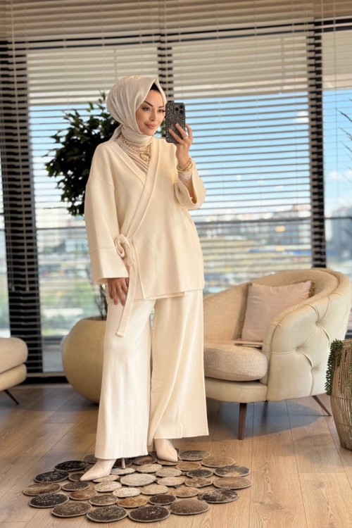 44115 Triko Yandan Bağlamalı Bol Paçalı Pantolon Takım Ekru