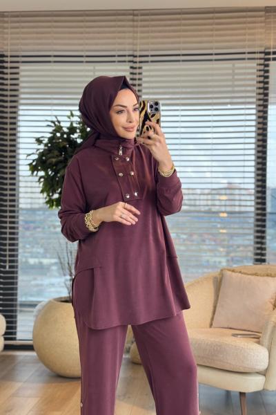 4417 Oysho Dik Yaka Patı İki Düğmeli Takım Bordo