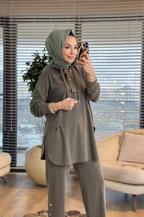 4417 Oysho Dik Yaka Patı İki Düğmeli Takım Haki