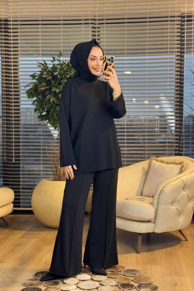 44186 Kolları Katlamalı Simli Triko Tunik Siyah
