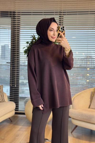 44186 Kolları Katlamalı Simli Triko Tunik Kahve