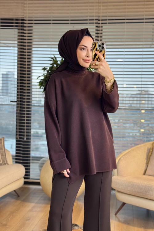 44186 Kolları Katlamalı Simli Triko Tunik Kahve