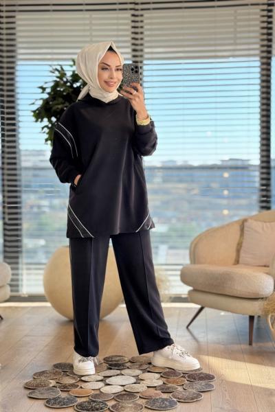 4419 Kolları Sim Şerit Detaylı Takım Siyah