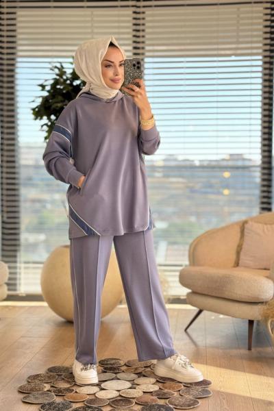 4419 Kolları Sim Şerit Detaylı Takım İndigo