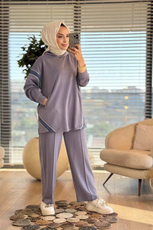 4419 Kolları Sim Şerit Detaylı Takım İndigo