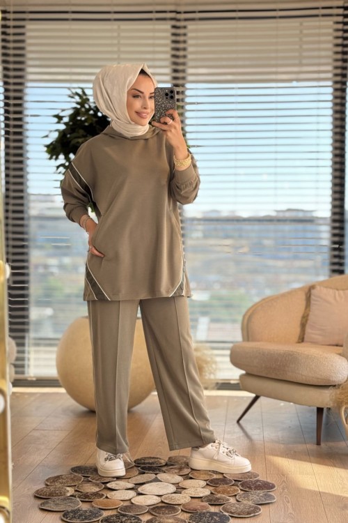 4419 Kolları Sim Şerit Detaylı Takım Haki