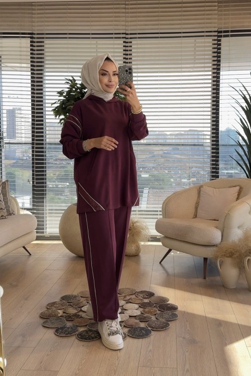 4419 Kolları Sim Şerit Detaylı Takım Bordo