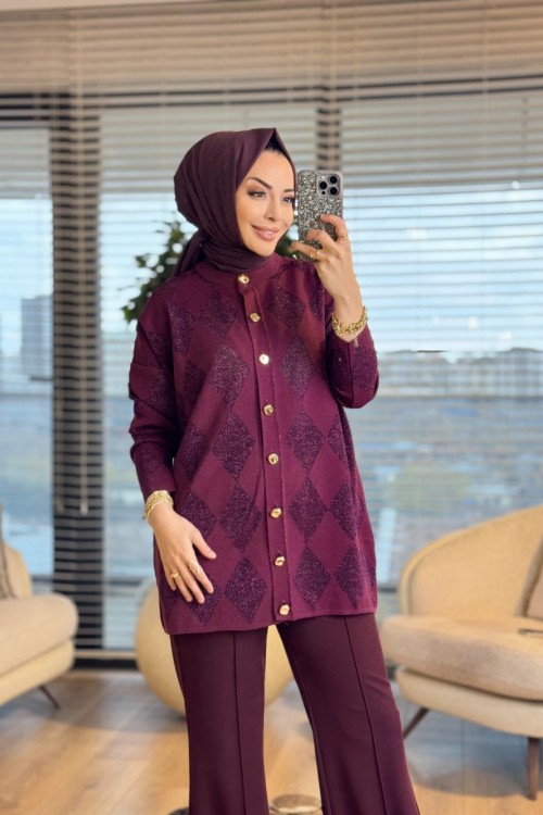 44191 Sim Baklavalı Desen Hırka Bordo