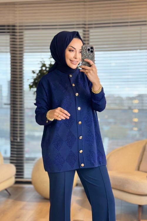44191 Sim Baklavalı Desen Hırka Lacivert