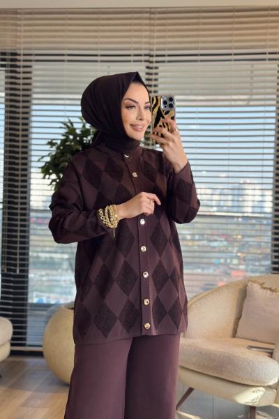 44191 Sim Baklavalı Desen Hırka Kahve