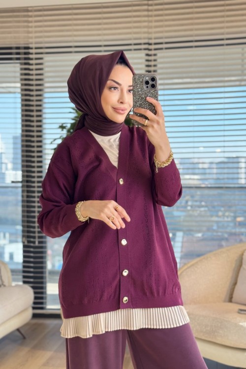 44195 Üstü Sim Dalga Desenli Hırka Bordo