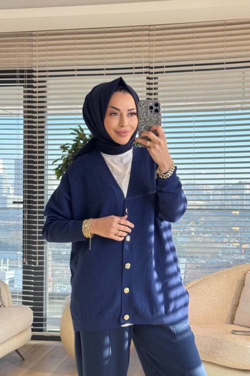 44195 Üstü Sim Dalga Desenli Hırka Lacivert
