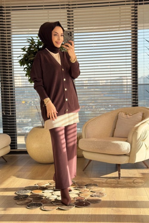 44195 Üstü Sim Dalga Desenli Hırka Kahve