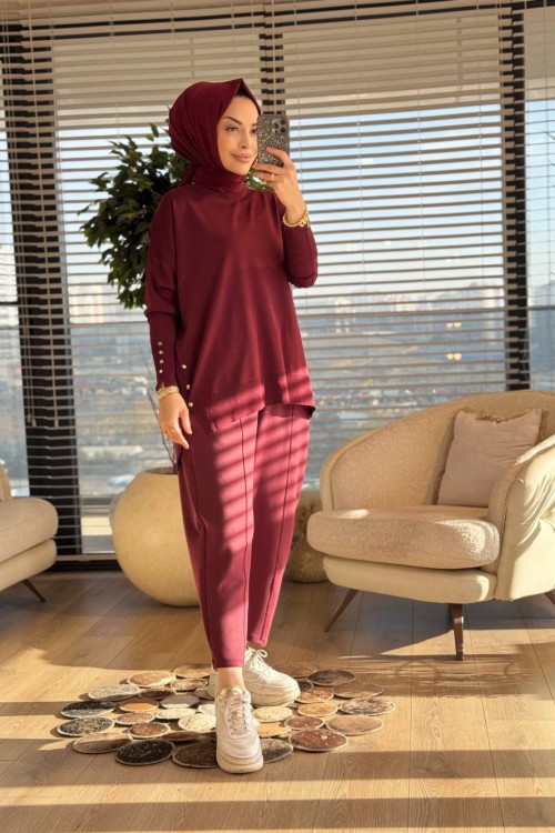 44197 Yan Ve Manşeti Düğmeli Triko Tunik Bordo