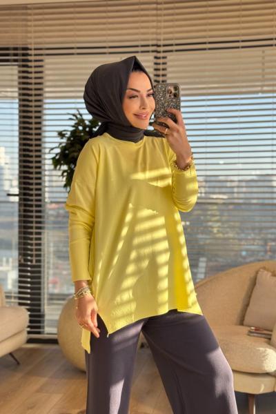 44197 Yan Ve Manşeti Düğmeli Triko Tunik Sarı