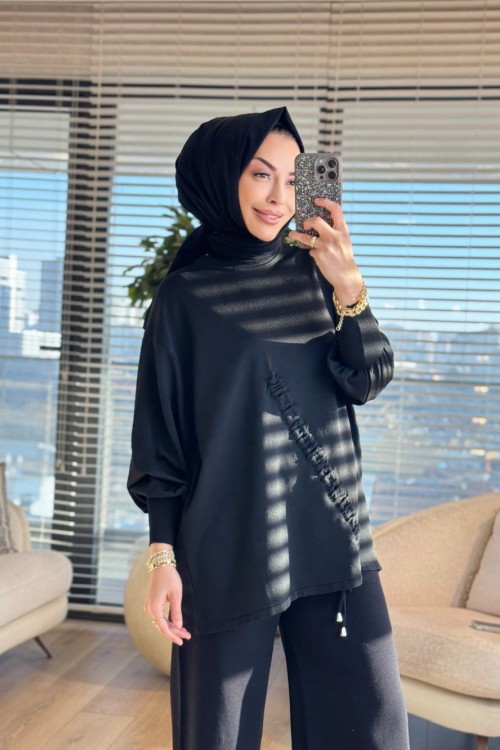 44199 Önü Büzgülü Triko Tunik Siyah