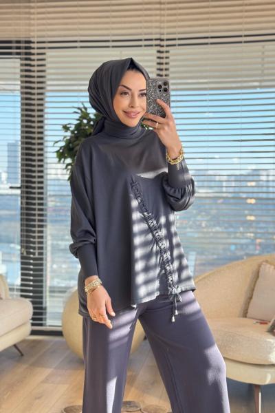 44199 Önü Büzgülü Triko Tunik Füme