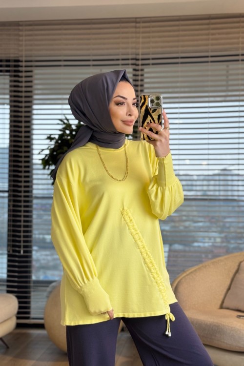 44199 Önü Büzgülü Triko Tunik Sarı