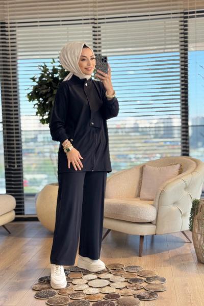 4420 Tencel Patı Çıtçıt Ve Cep Detaylı Takım Siyah