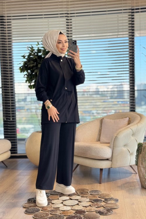 4420 Tencel Patı Çıtçıt Ve Cep Detaylı Takım Siyah
