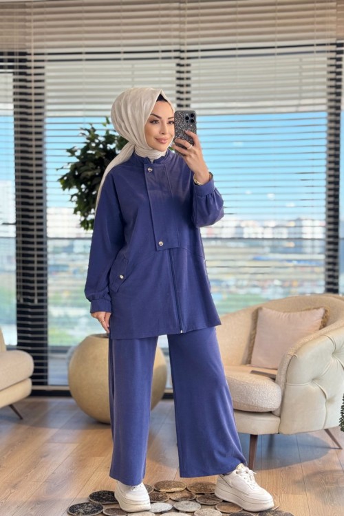 4420 Tencel Patı Çıtçıt Ve Cep Detaylı Takım İndigo