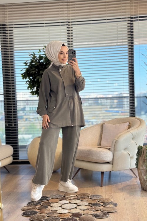 4420 Tencel Patı Çıtçıt Ve Cep Detaylı Takım Haki