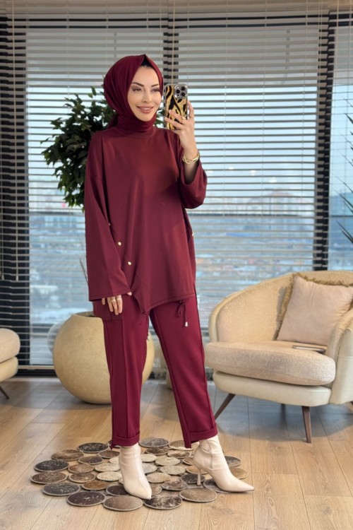 44214 Yanları Verev Parçalı Triko Tunik Bordo