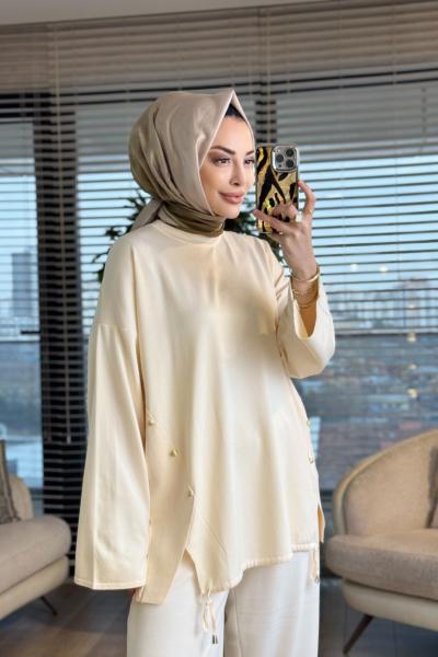 44214 Yanları Verev Parçalı Triko Tunik Ekru