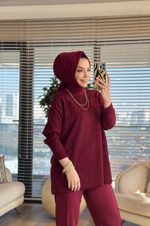 44219 Simli Triko Tunik Bordo