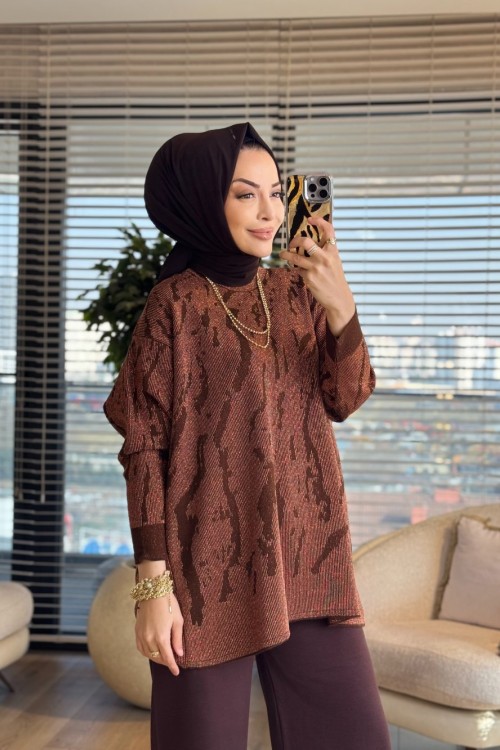 44219 Simli Triko Tunik Kahve