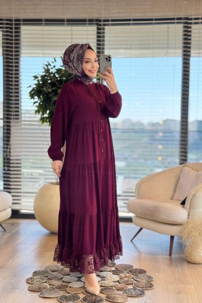 4423 Pat Kenarı Güpür Dantelli Elbise Bordo