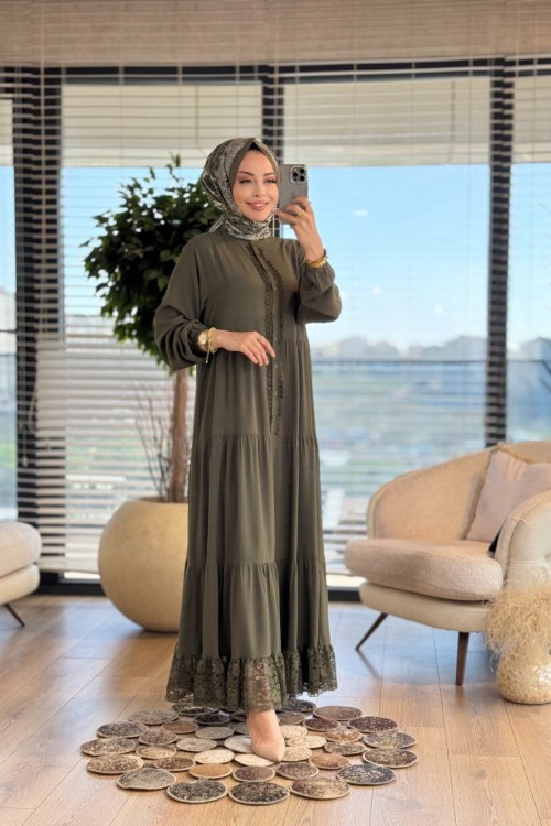4423 Pat Kenarı Güpür Dantelli Elbise Haki
