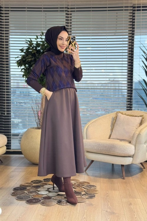 44251 Sim Baklava Desen Triko Kazak Kahve