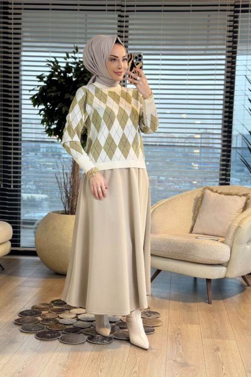 44251 Sim Baklava Desen Triko Kazak Ekru