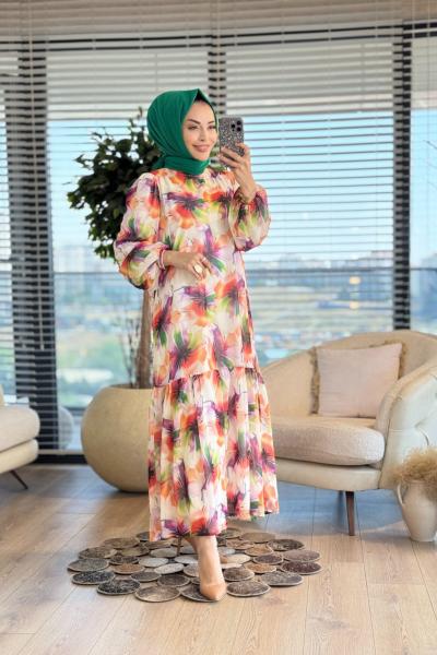 4432 Ebruli Desenli Elbise Turuncu
