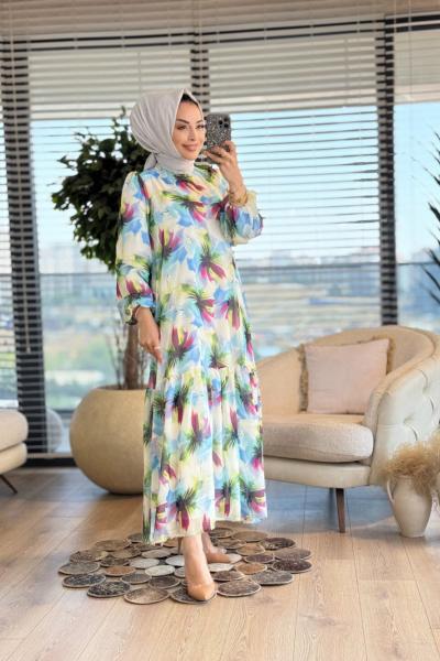 4432 Ebruli Desenli Elbise Yeşil